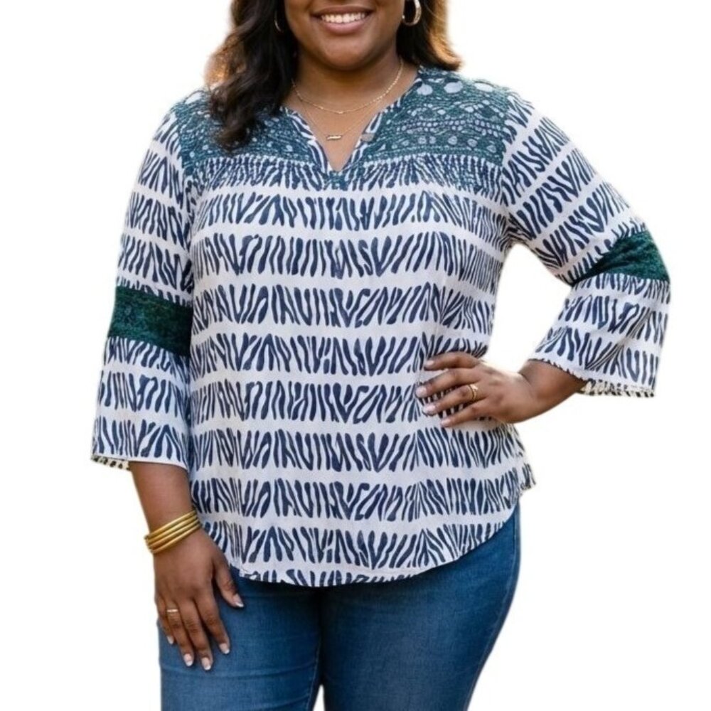 Cato Size Large Top Semi Sheer Black Zebra Print Crochet Details Bell Sleeve